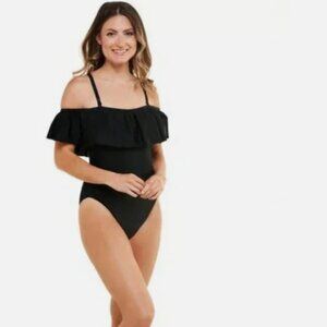 HOT PINK  NOT BLACK Tahari One Piece Swimsuit XS Off Shoulder Ruffled Pink NWT